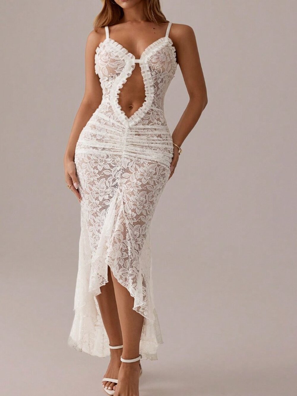 White Elegant Sexy Women's Semi-Sheer Deep V Neck Lace Dress